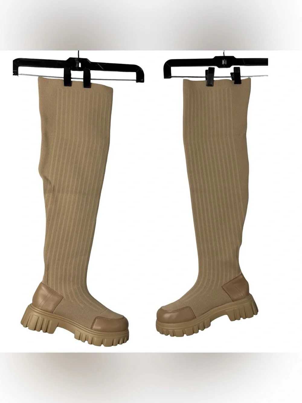 Cuccoo Ribbed Knit Thigh-High Lug Sock Boots Beige Size Women's 10